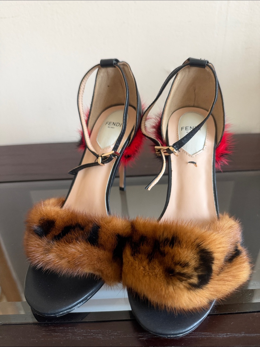 Fendi Black Sandals with Brown and Red Fur Accents
